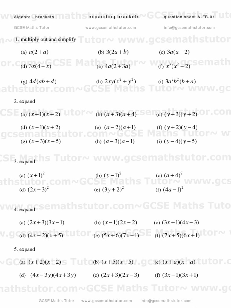 Expanding Brackets Worksheet 01, Algebra Revision From GCSE Maths