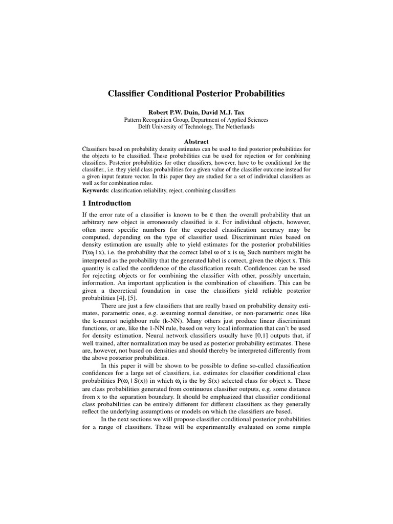 Conditional Posterior Probabilities in Classifiers | PDF