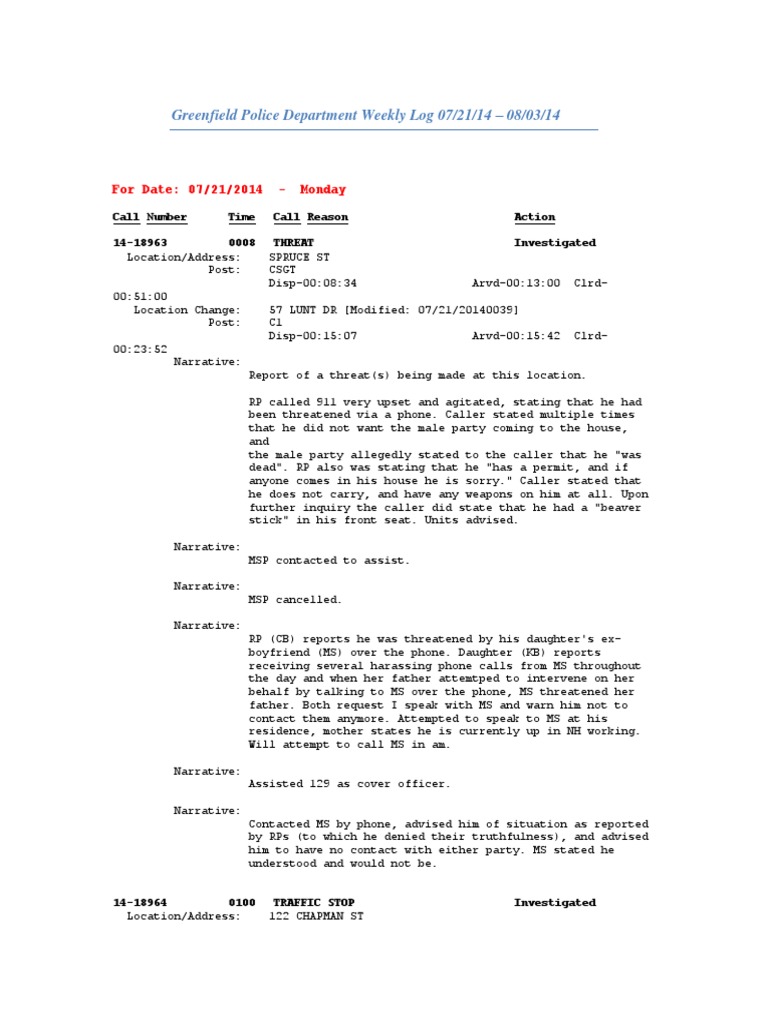 Greenfield Police Log 07/21/14 Through 08/03/14 Traffic Stop 9 1 1