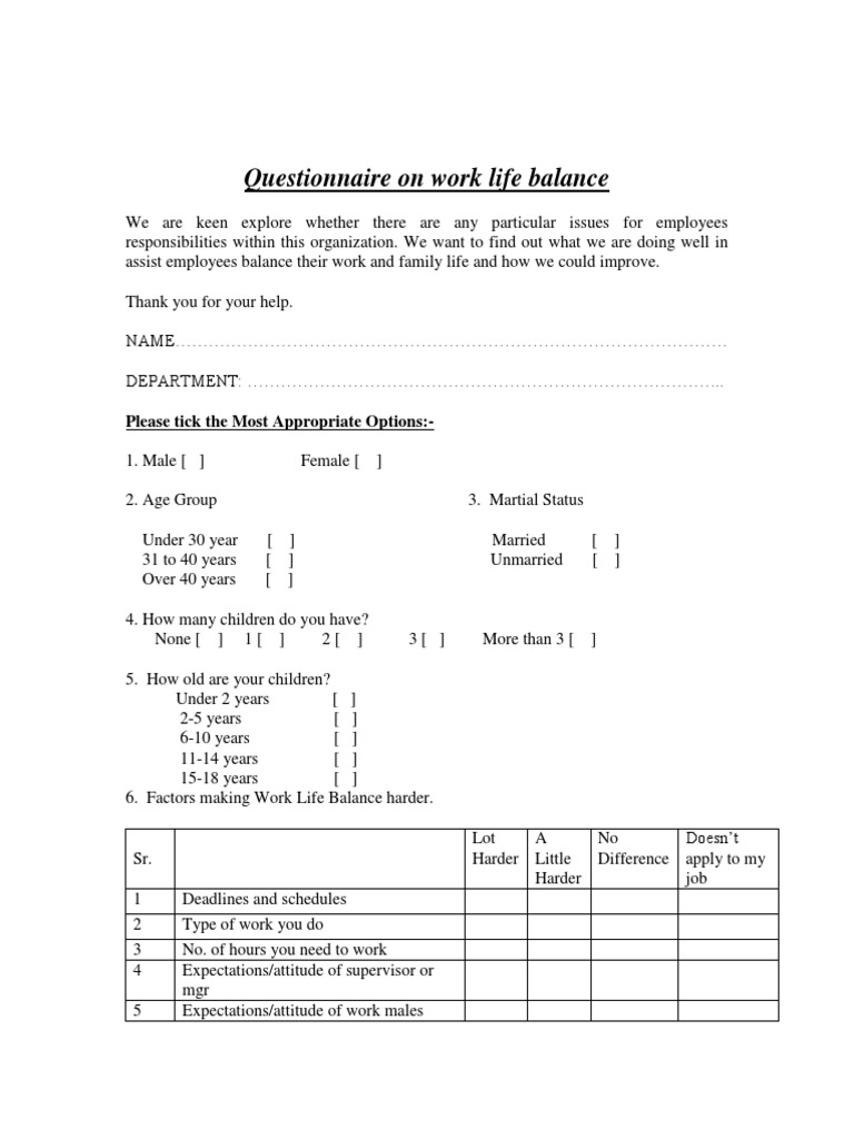 Questionnaire On Work Life Balance | PDF | Work–Life Balance ...
