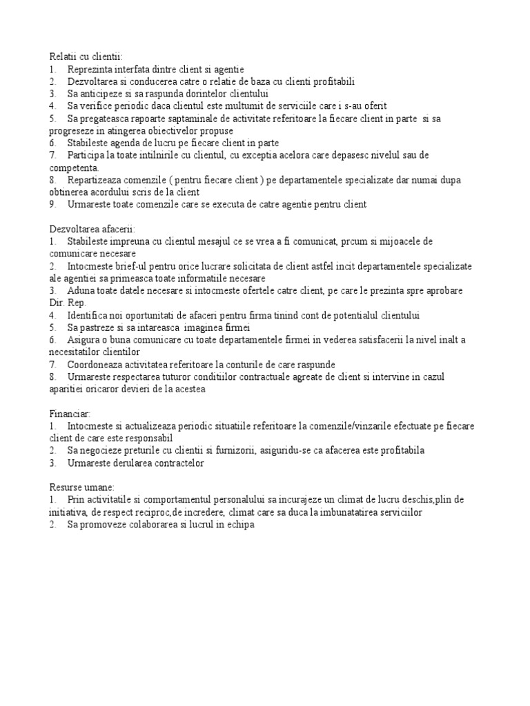Fisa Post Agent Servicii Client | PDF