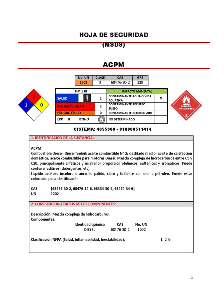 Hoja de Seguridad ACPM 2024 | PDF | Contaminación | Agua