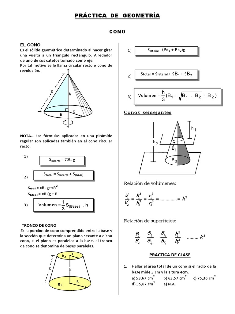 Geometría del Cono: Fórmulas y Ejercicios | PDF | Objetos geométricos ...