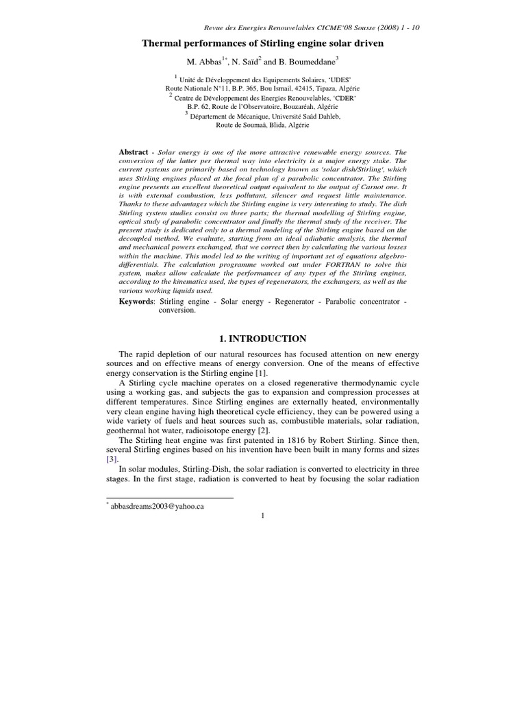 Thermal Performances of Stirling Engine Solar Driven | PDF | Heat | Engines