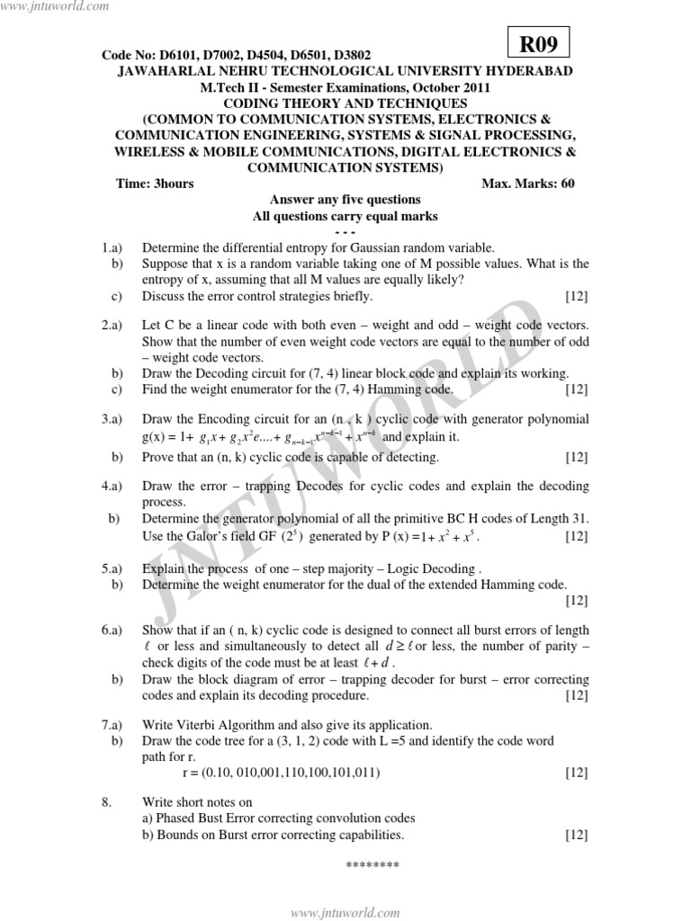 M.Tech Coding Theory Exam Paper 2011 | PDF | Code | Communication