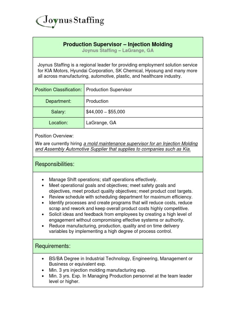 Injection Molding Supervisor Role | PDF | Finance & Money Management