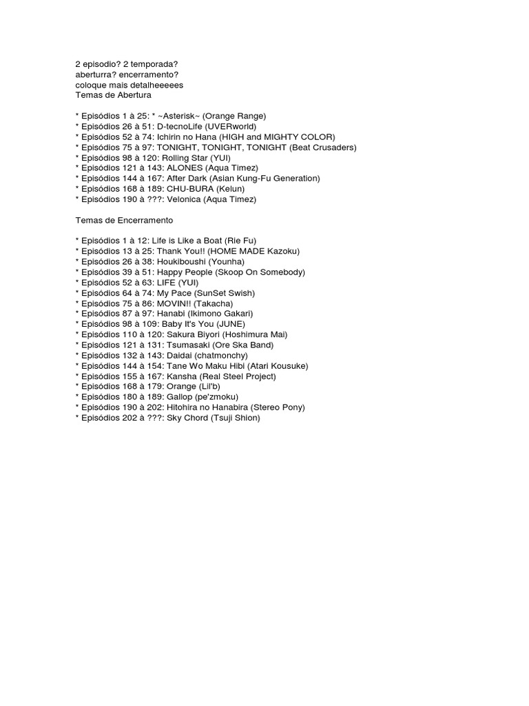 Nomes Das Musicas De Bleach