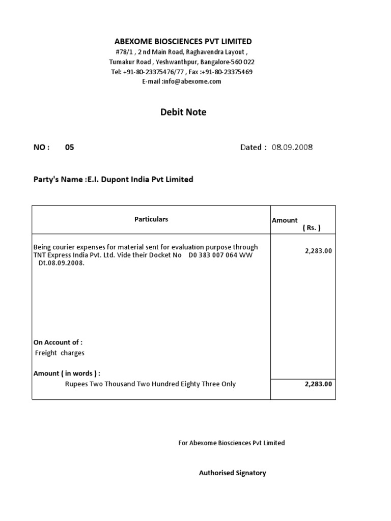 Debit Note Letter Sample Debit Note Format In Word Free Download