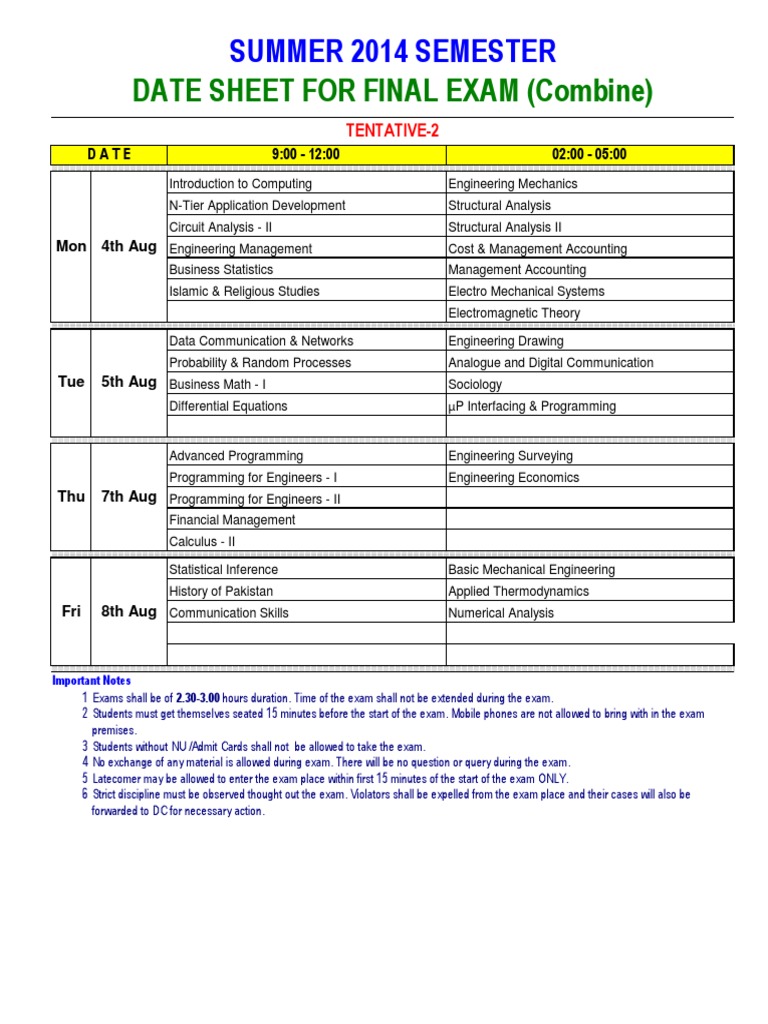 Date Sheet Final Exam Combine Summer' 14 | Engineering | Statistics