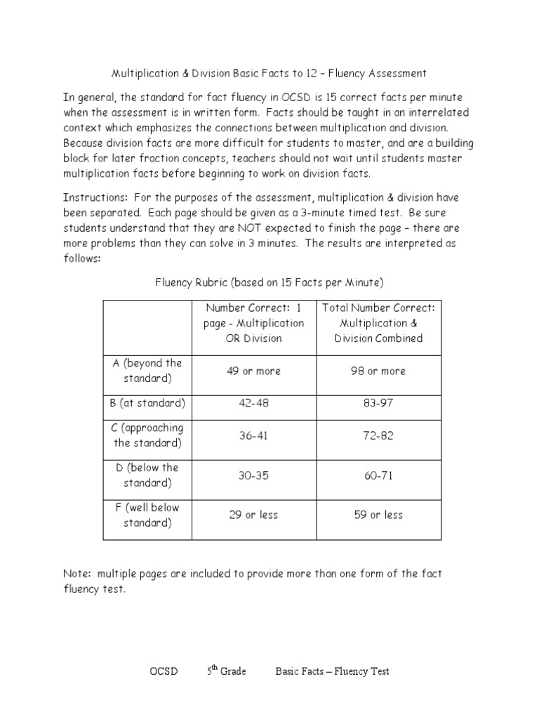 5th Grade Fact Fluency | PDF | Educational Assessment | Evaluation