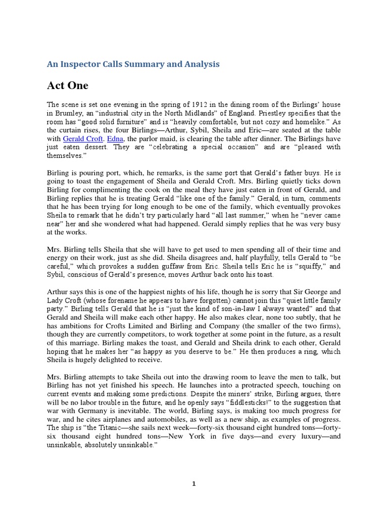 An Inspector Calls Summary and Analysis PDF