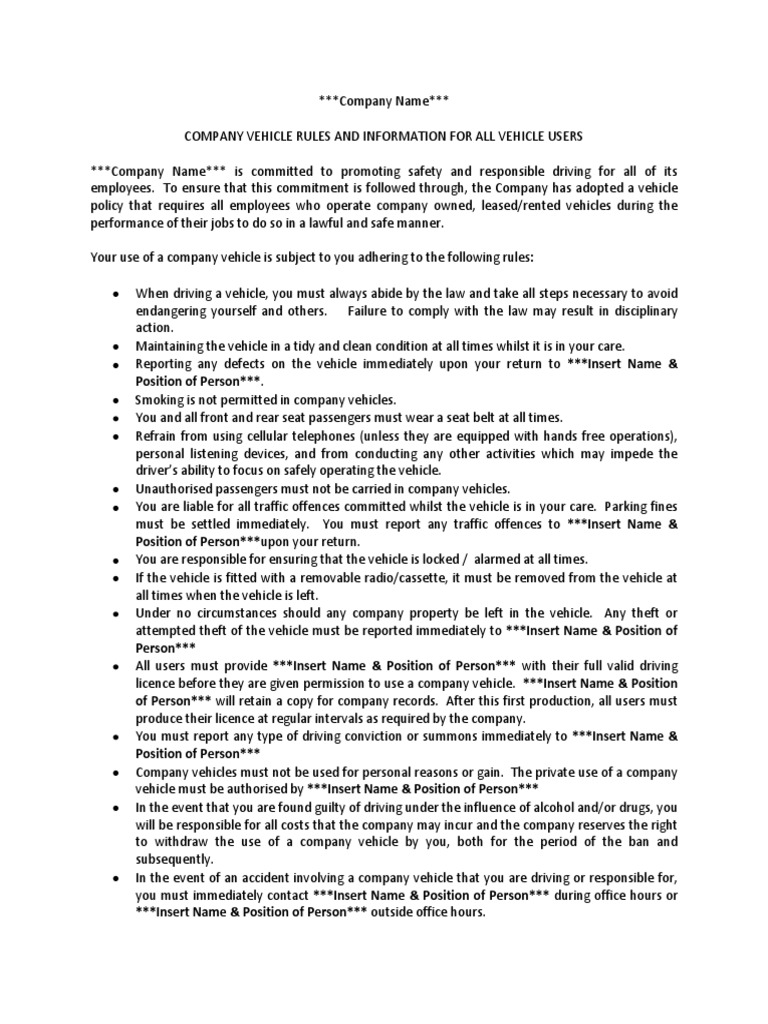 Company Vehicle Rules PDF Traffic Collision Driving