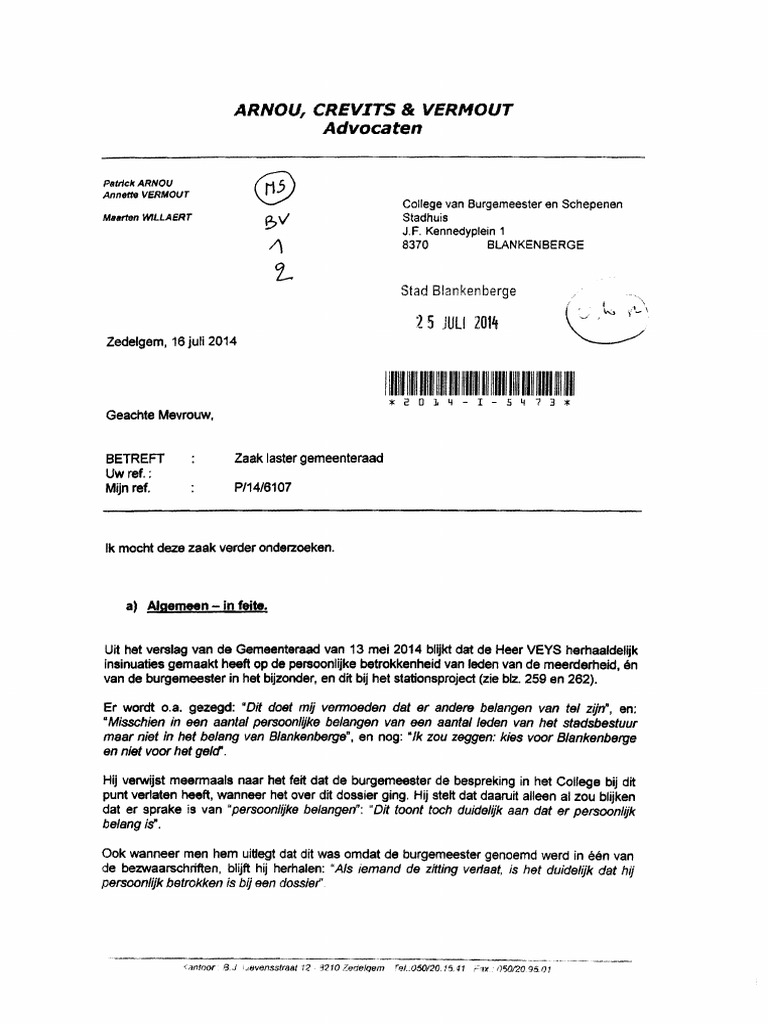 Ook advocaat stadsbestuur ziet klacht burgemeester Blankenberge wegens