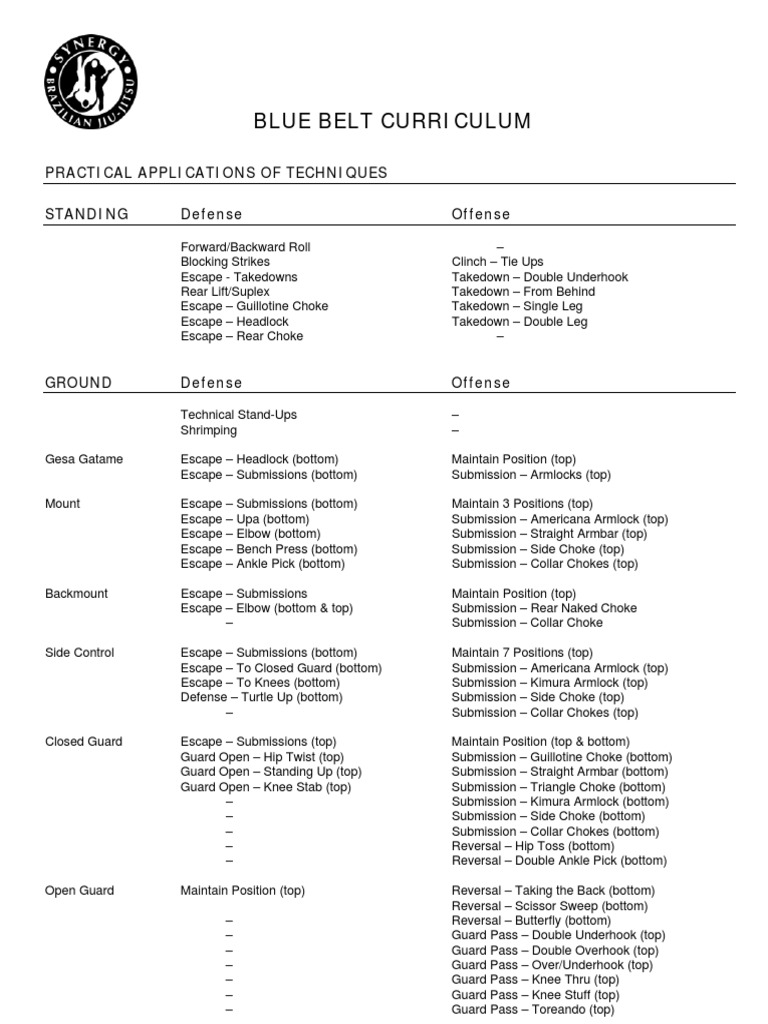 SYNERGY BJJ Curriculum (Blue Belt) Brazilian Jiu Jitsu Mixed