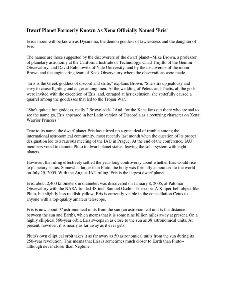 Dwarf Planet Formerly Known As Xena Officially Named Eris PDF Pluto