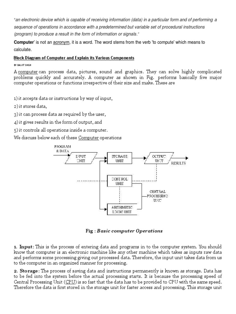 Block Diagram Of Computer And Explain Its Various Components PDF