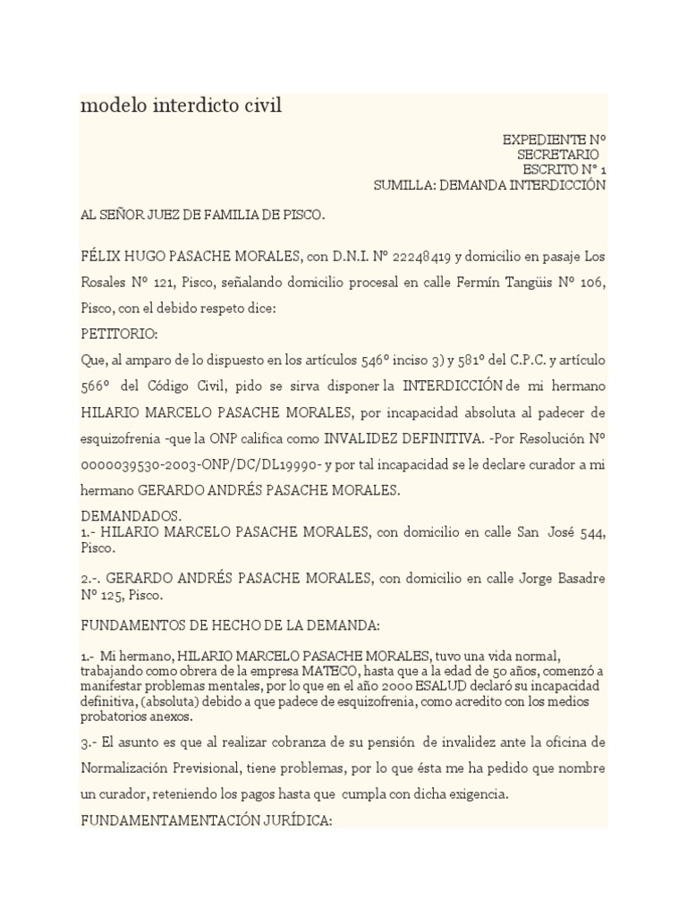 Modelo Interdicto Civil | PDF | Demanda judicial | Salud mental