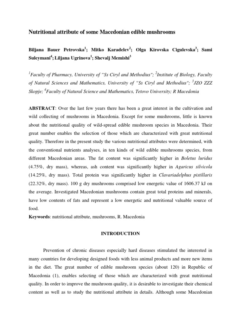 Nutritional Analysis of Macedonian Mushrooms | PDF | Edible Mushroom ...