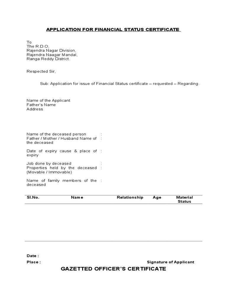 Application for Financial Status Certificate