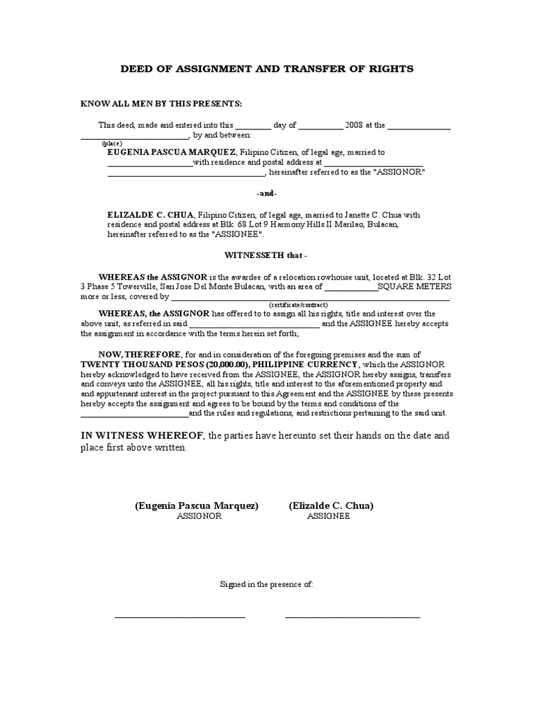Sample deed of assignment of real property philippines image