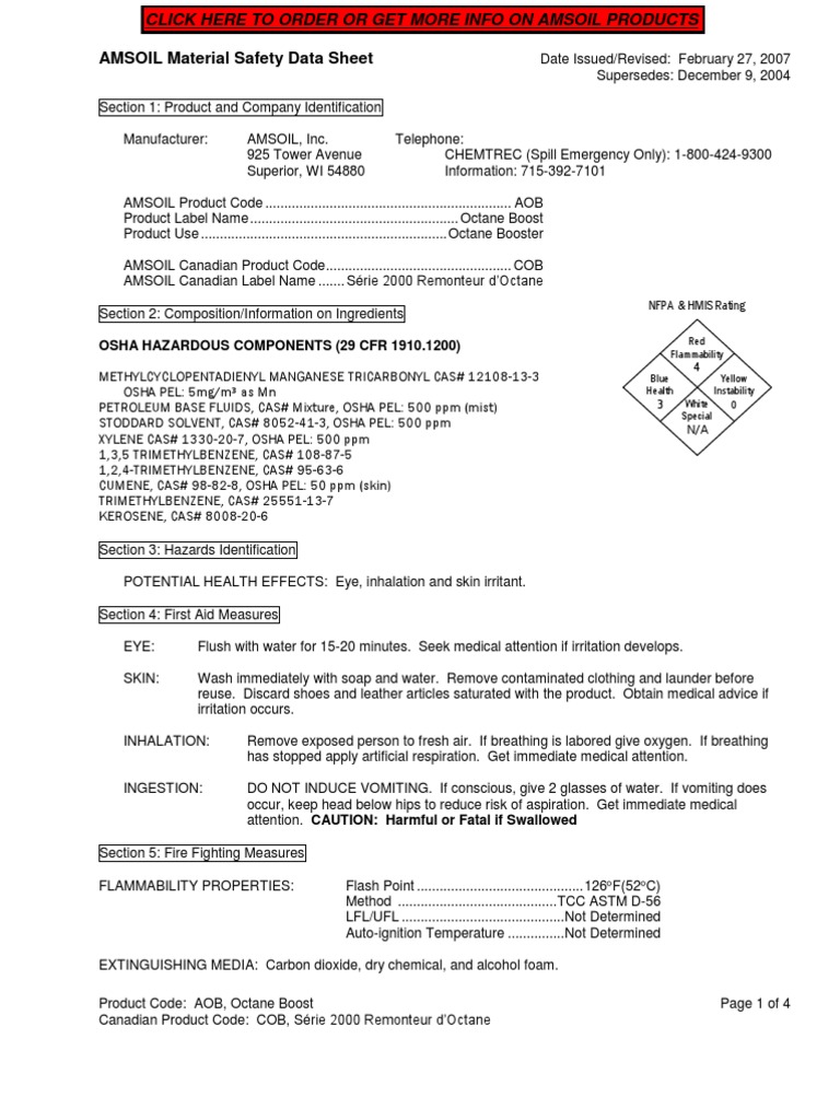 AMSOIL Material Safety Data Sheet Osha Hazardous Components (29 CFR