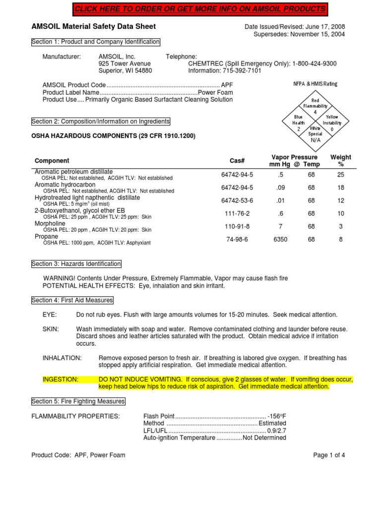 AMSOIL Material Safety Data Sheet Osha Hazardous Components (29 CFR
