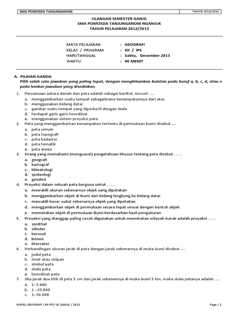 Soal dan jawaban geografi kelas 10 semester 1 kurikulum 2013