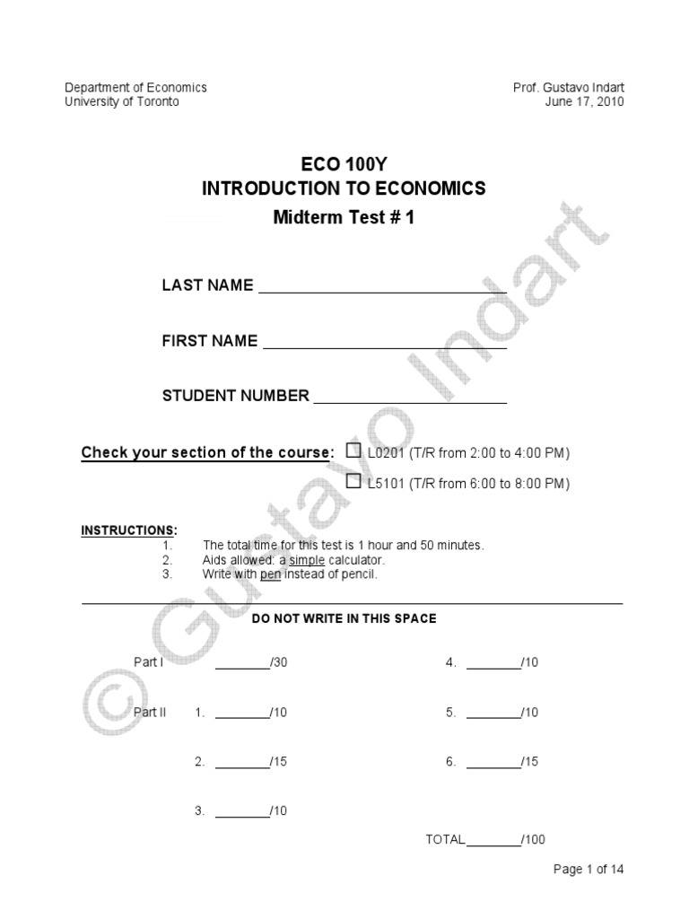Solutions: ECO 100Y Introduction To Economics Midterm Test # 1 | PDF ...