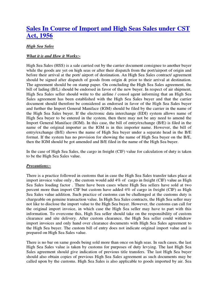 Sales in Course of Import and High Seas Sales Under CST Act PDF Invoice Bill Of Lading