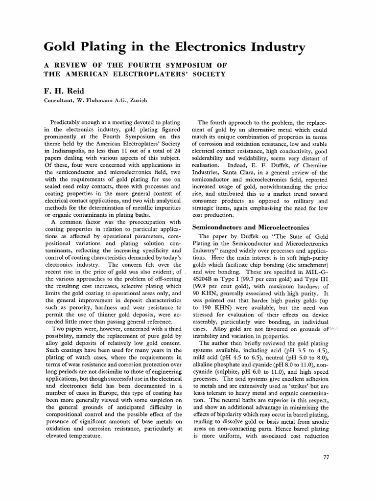 Gold Plating in The Electronics Industry F. H. Reid PDF Gold Metals