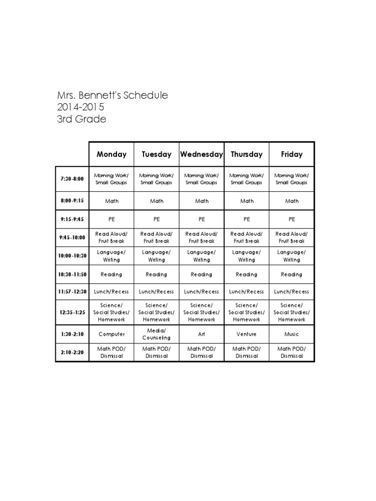 3rd Grade Weekly Schedule 2014-2015 | PDF
