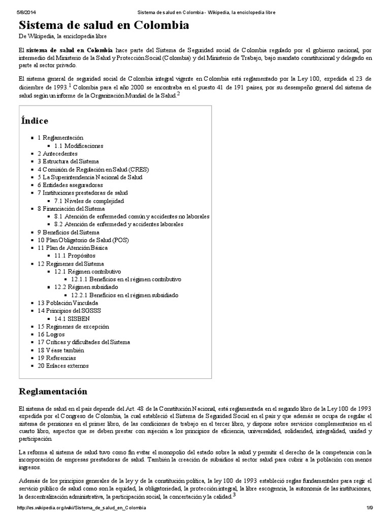 Sistema de Salud en Colombia - Wikipedia, La Enciclopedia Libre | PDF ...