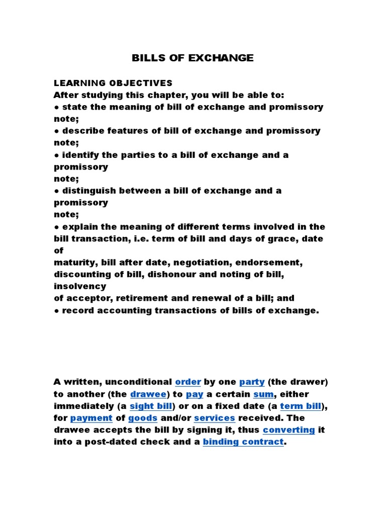Bills of Exchange: Order Party Drawee Pay Sum Sight Bill Term Bill ...