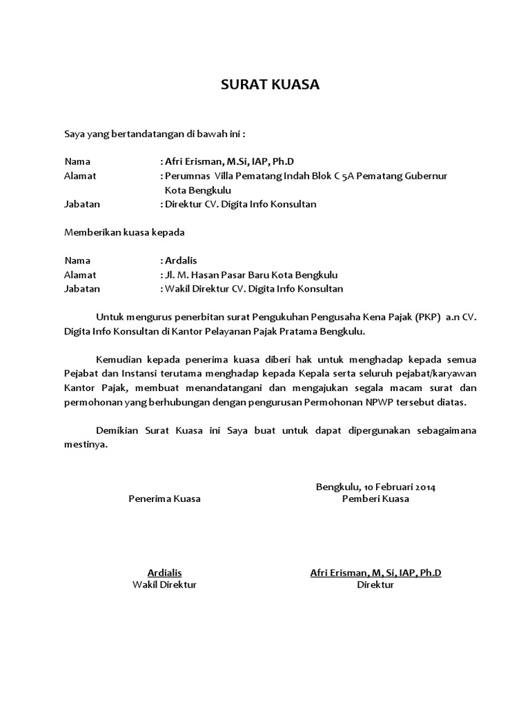 Contoh Surat Kuasa Pembuatan Npwp Perorangan Suratsuratxyz