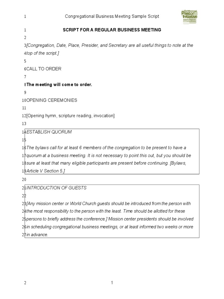 Congregational Business Meeting Script | PDF | Christian Organizations ...