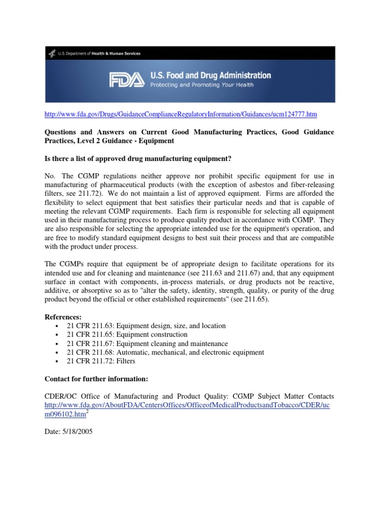 21 CFR Part 211 Equipment Design & Manufacture CGMP Guidelines