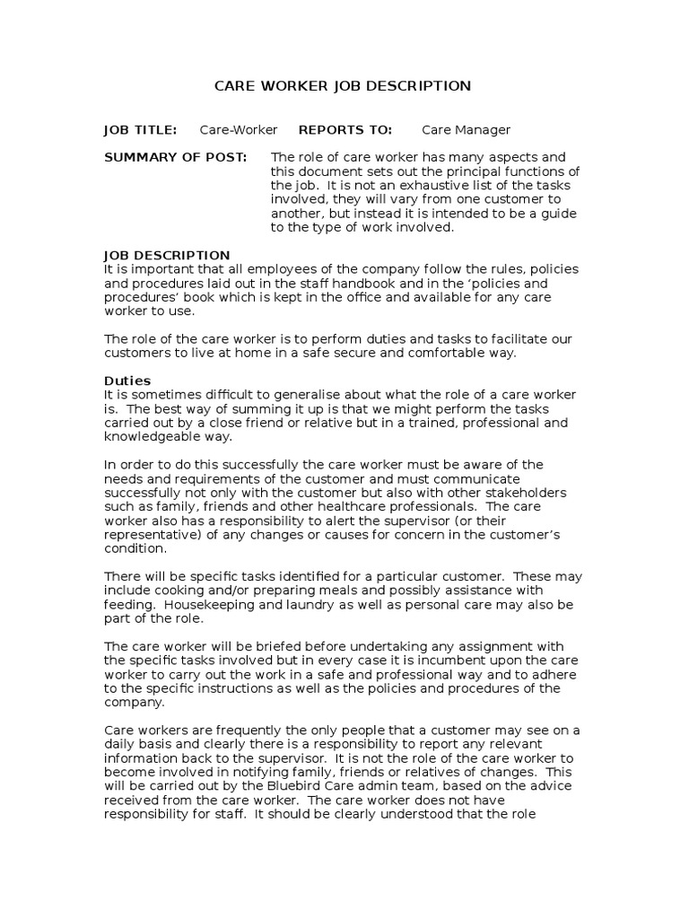 care worker job description blue bird Hygiene Employment