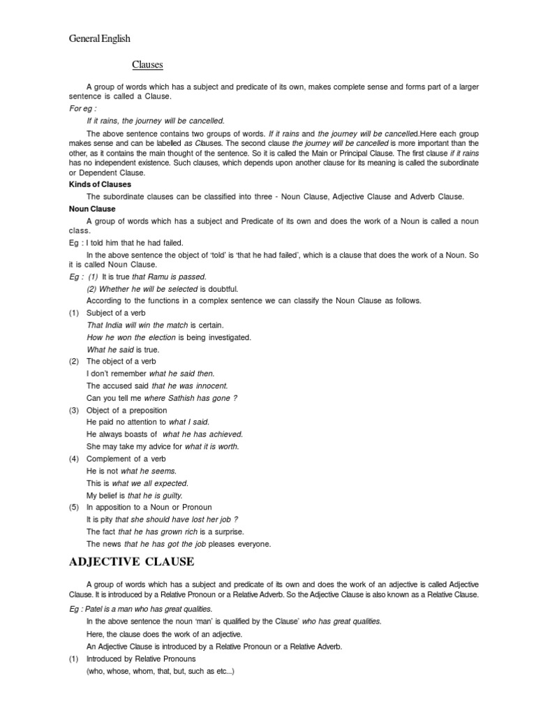 Understanding English Clauses Explained | PDF | Adjective | Verb