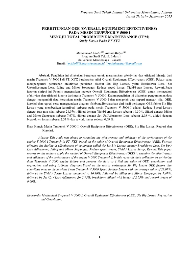Jurnal Teknik Industri Perhitungan Overall Equipment Effectivenes Pada Mesin Menuju Total Productive Maintenance Pdf