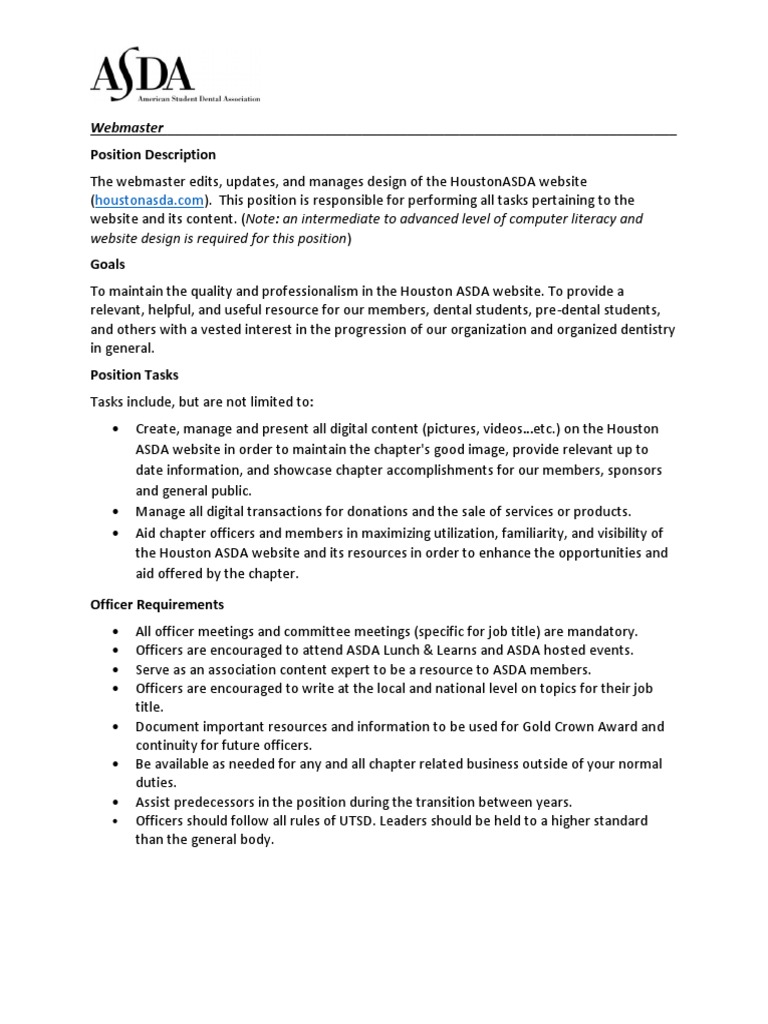 ASDA master Job Description PDF Profession Leadership