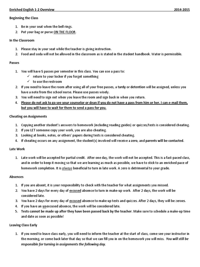 English 1-2 Class Overview and Rules | PDF | Homework | Classroom