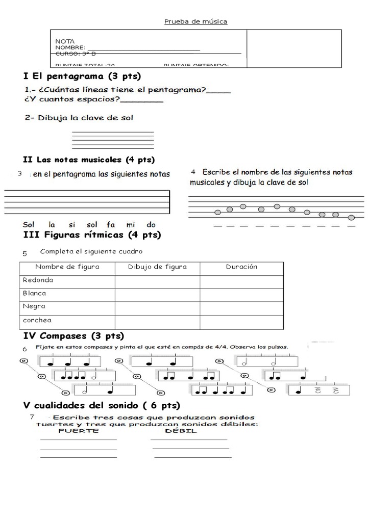 Prueba de Música para 3° Básico | PDF | Métodos y materiales de ...