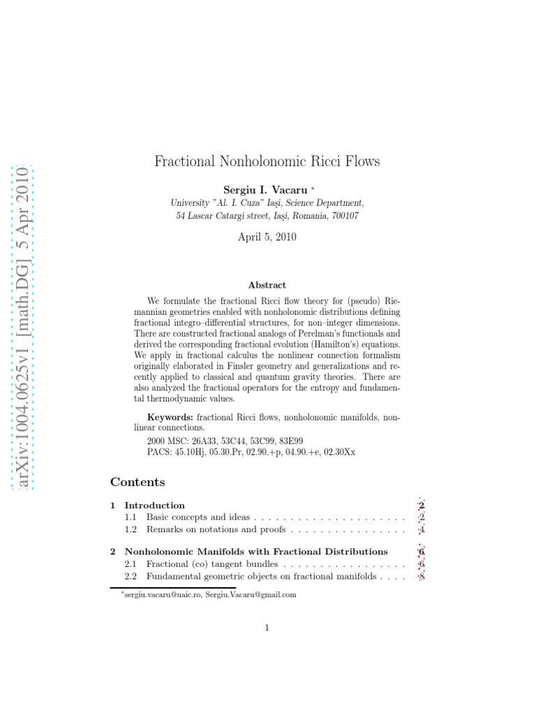 Fractional Nonholonomic Ricci Flows | PDF | Manifold | Geometry