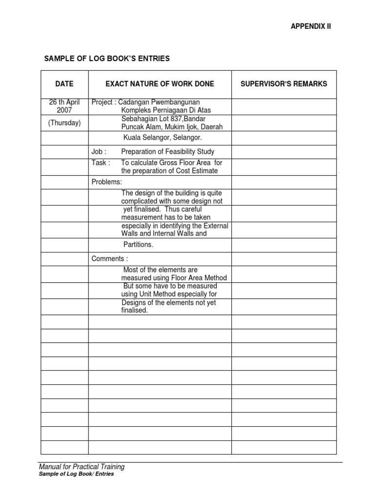 Sample Log Book - Sample Logbook I. 1 Sample Logbook The following