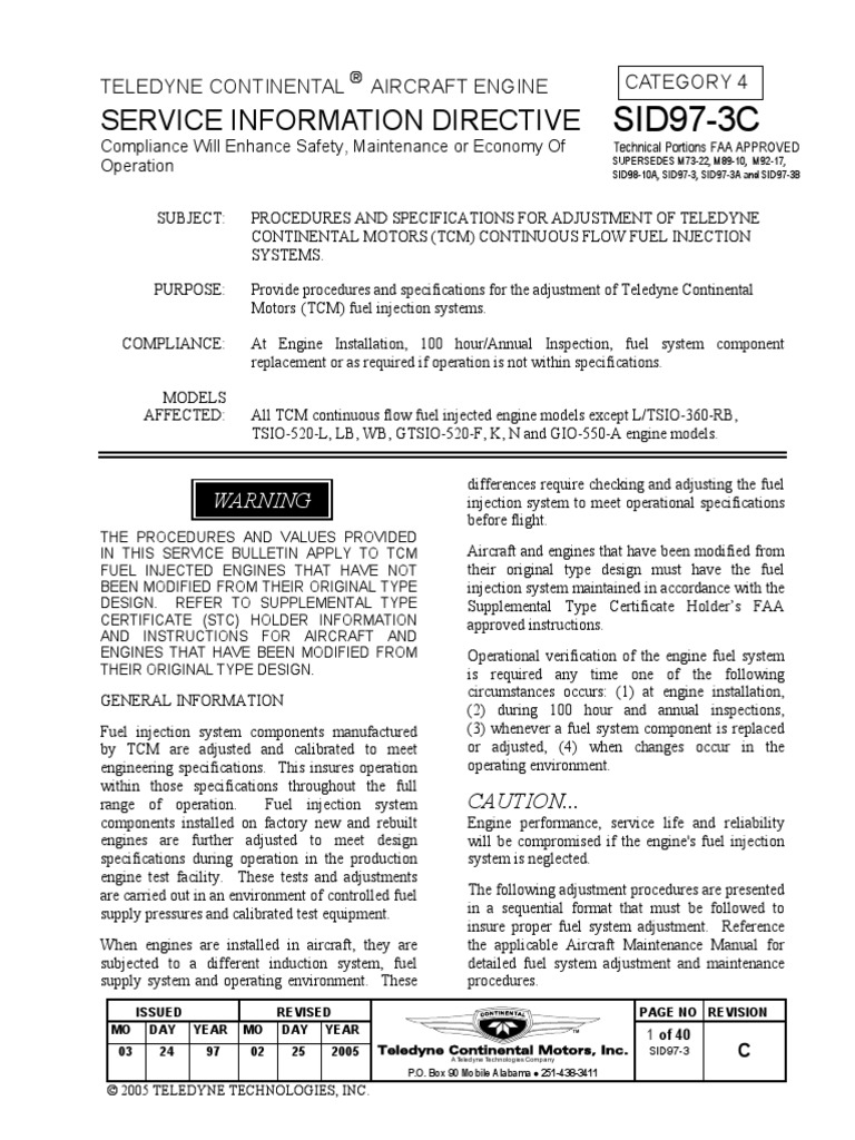 SID973C ADJUSTMENT of Continental Fuel Injection PDF Turbocharger