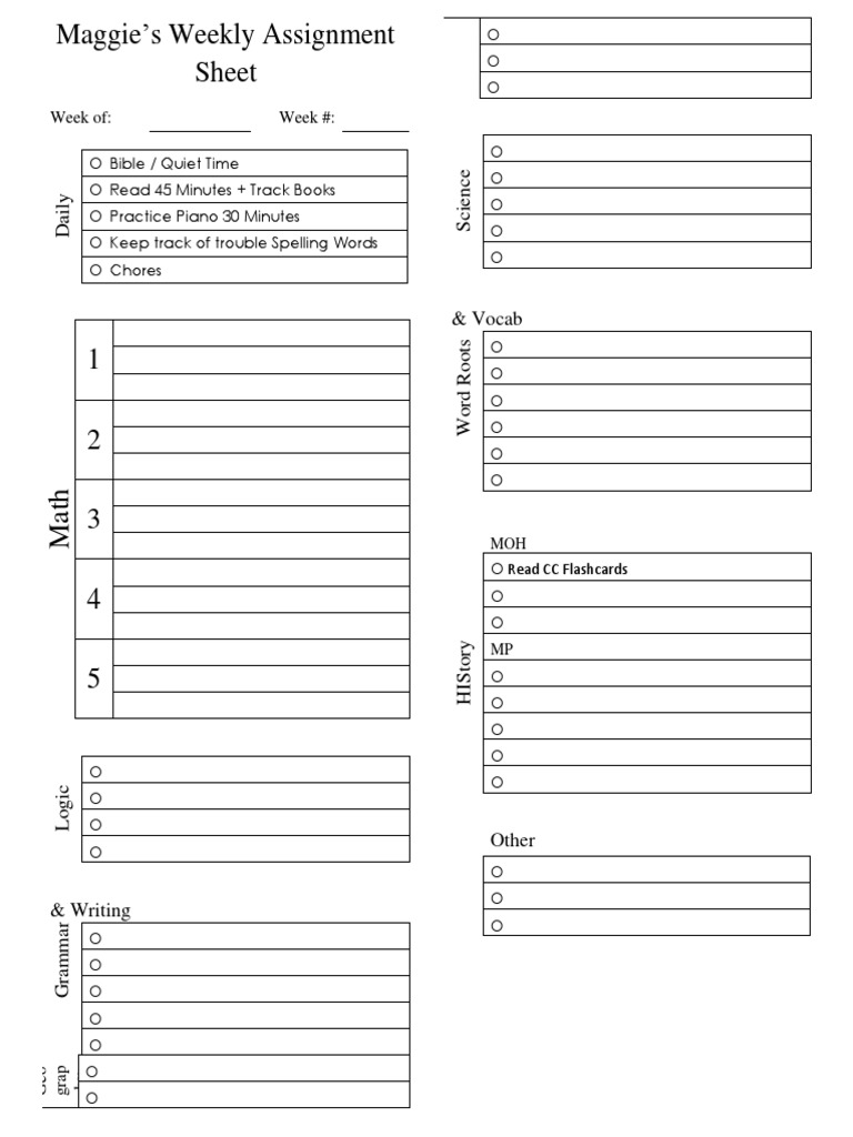 Weekly Assignment Sheet for Students | PDF | Language Arts & Discipline