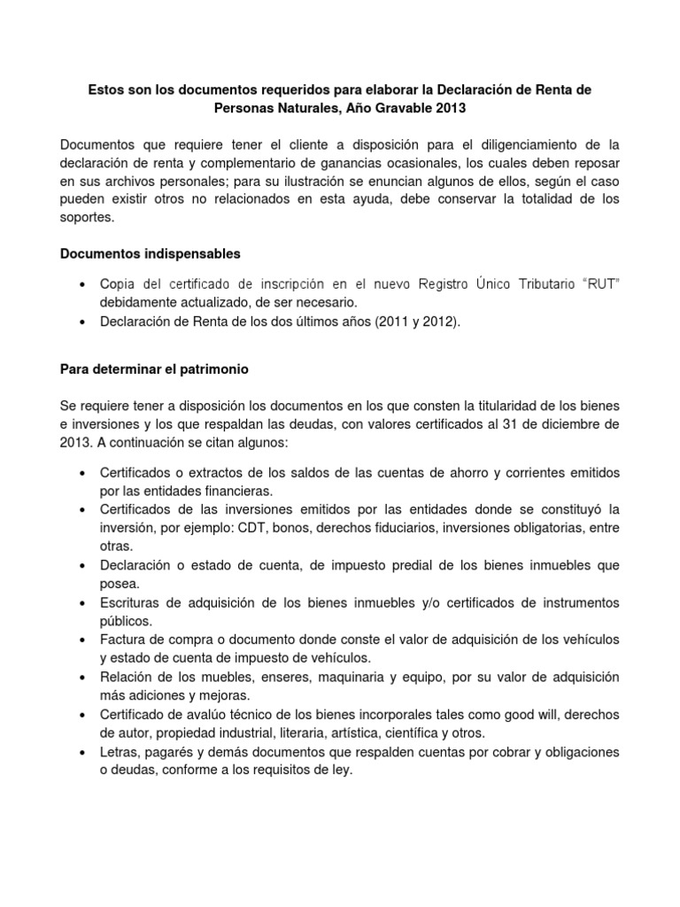 Documentos Requeridos para Elaborar La Declaración de Renta de Personas ...