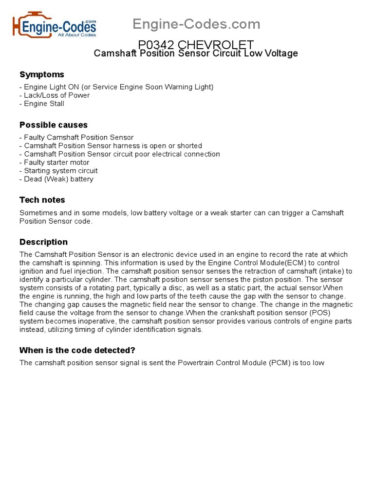 P0342 Code: Camshaft Sensor Issues | PDF | Machines | Components