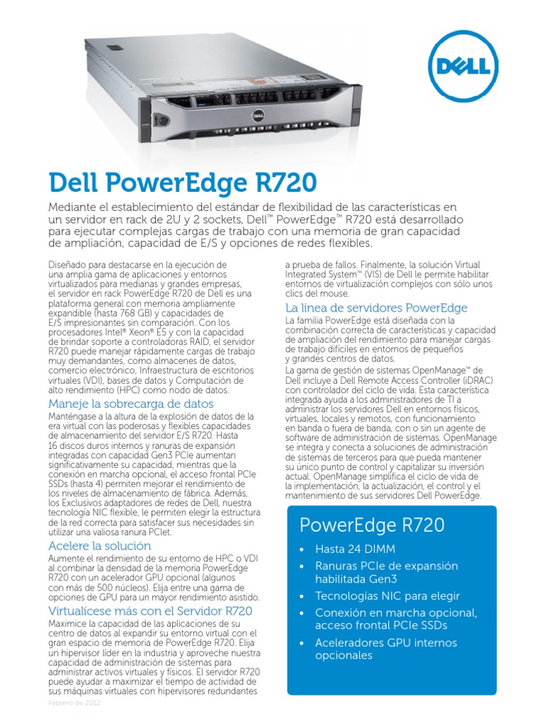 Dell PowerEdge R720 Spec Sheet ES XL PDF Dell Unidad de estado sólido