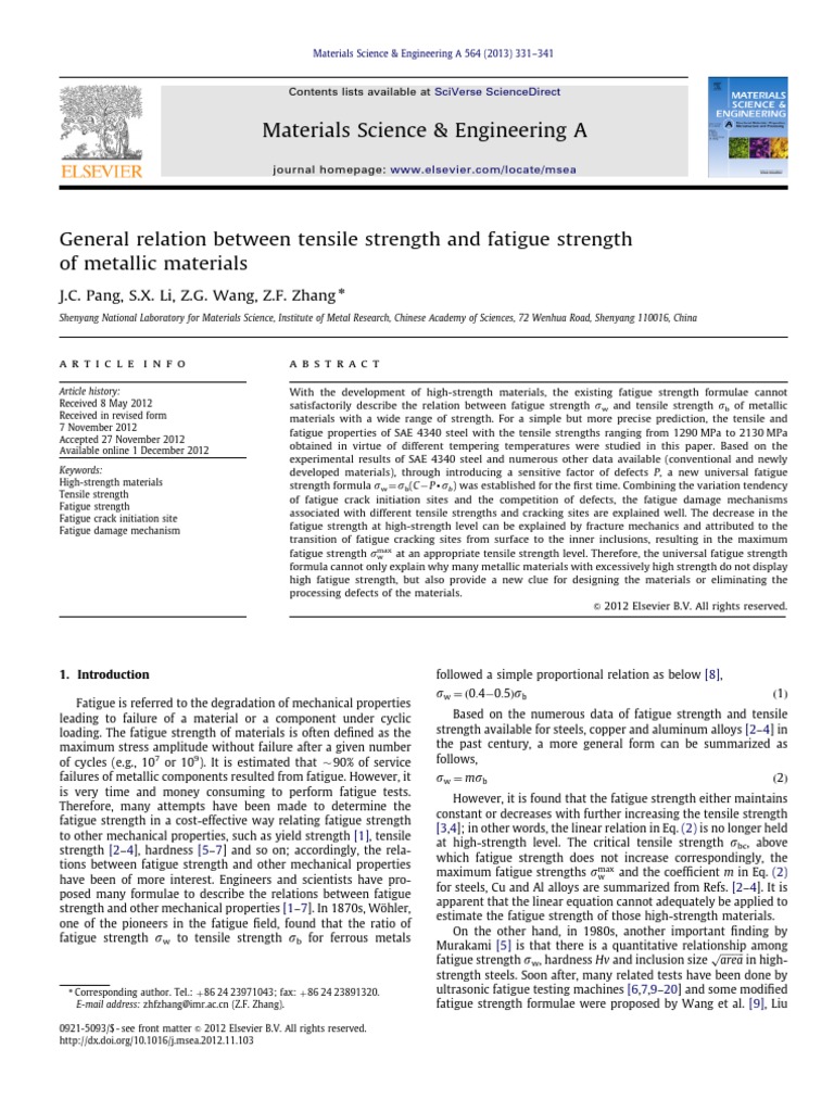 General Relation Between Tensile Strength And Fatigue Strength Of